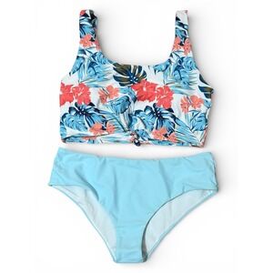 SHEIN Tropical Floral Front Knot High Waisted Bikini Set Blue Sz-XL NEW W/O Tag